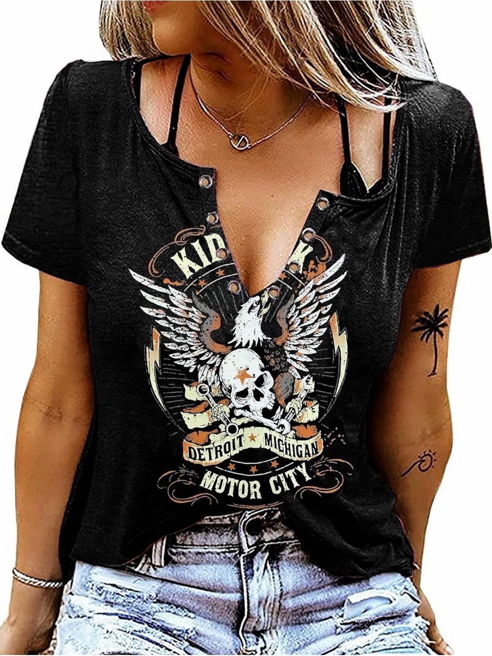 Black Graphic V‑Neck Women’s Band Tee